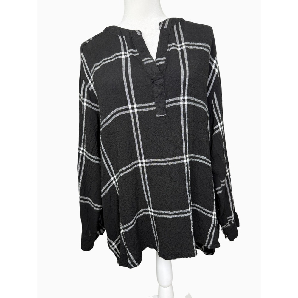 Jane + Delancey Women's 2X Black White Plaid High Low Tunic Top Long Sleeve